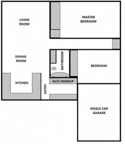 Floor plan for 2 beds, 1 bath, 914 sqft